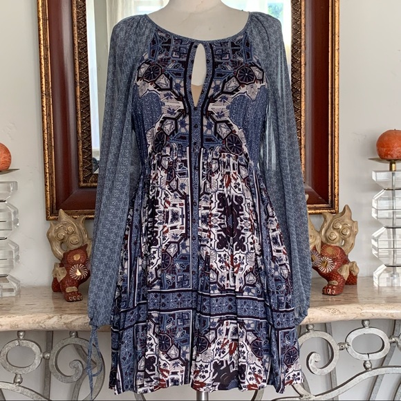 FREE PEOPLE Print Dress Boho Sheer Long Sleeves - Picture 12 of 12